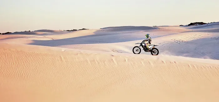 Framed Print : Desert, nature and athlete riding a motorcycle for exercise Framed Print : Desert, nature and athlete riding a motorcycle for exercise
