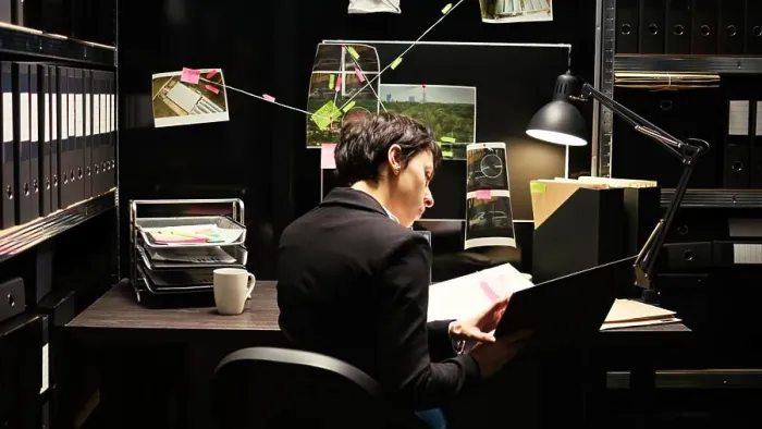 Framed Print : Detective reads valuable information