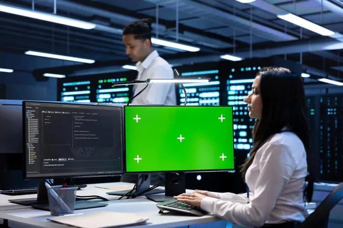 Framed Print : Developer coworkers using mockup laptop to check server clusters configuration settings Framed Print : Developer coworkers using mockup laptop to check server clusters configuration settings