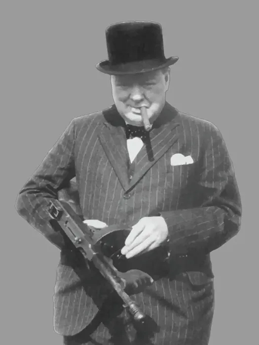 Framed Print : Digitally restored vector photo of Sir Winston Churchill with a Tommy Gun