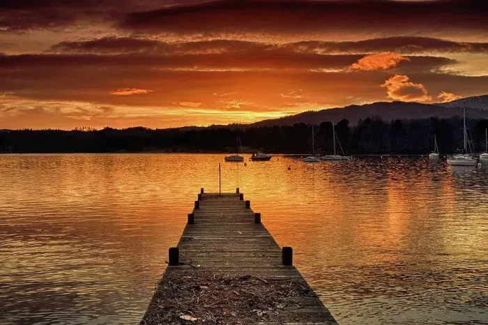 Framed Print : dock on lake windermere at sunset, ambleside, cumbria, england