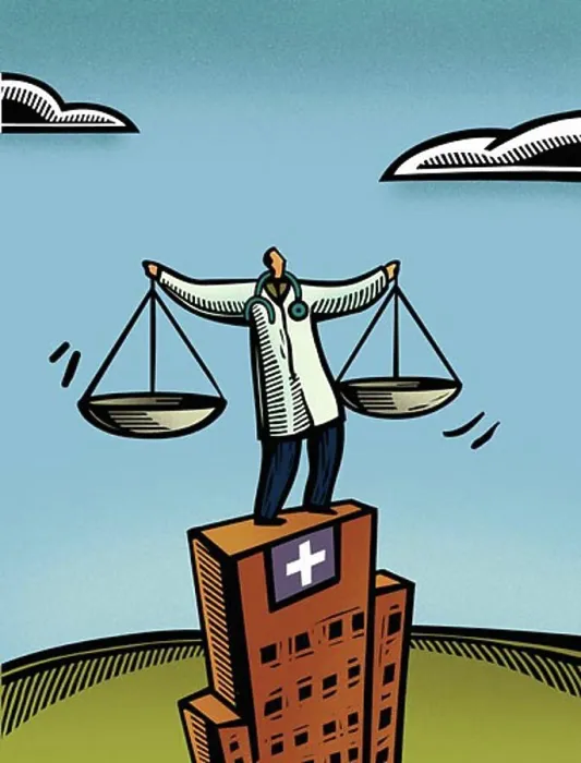Framed Print : Doctor holding a measuring scale while standing on a hospital building Framed Print : Doctor holding a measuring scale while standing on a hospital building