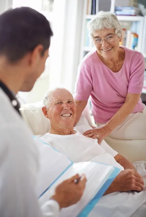 Framed Print : Doctor, senior patient and paperwork in nursing home for wellness