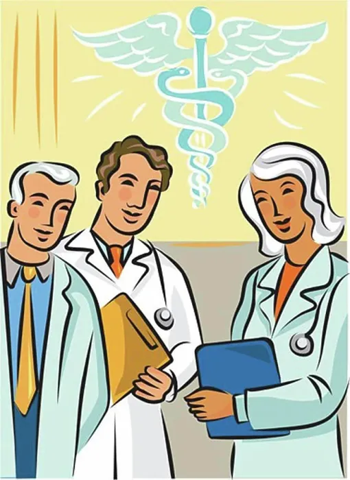 Framed Print : Doctors standing near a caduceus symbol Framed Print : Doctors standing near a caduceus symbol
