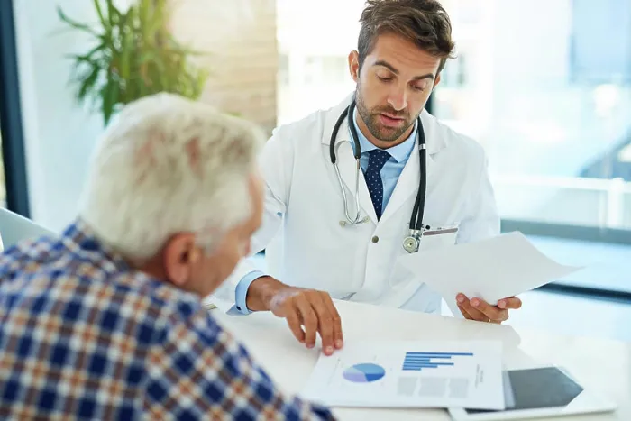 Framed Print : Documents, hospital or medical with doctor and old man in office for consulting appointment Framed Print : Documents, hospital or medical with doctor and old man in office for consulting appointment