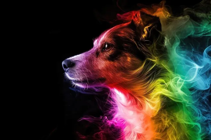 Framed Print : dog with rainbow smoky luminescent wallpaper Framed Print : dog with rainbow smoky luminescent wallpaper