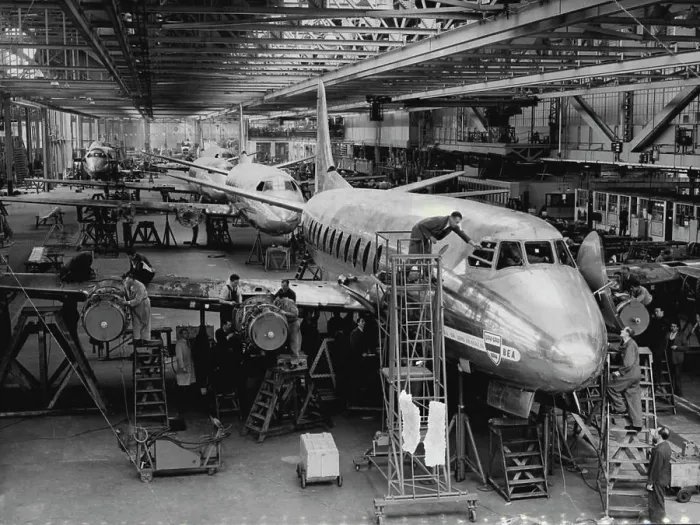 Framed Print : Dollars On The Assembly Line -- Nose to tail on the assembly line are Viscounts - planes that mean dollars for Britain Framed Print : Dollars On The Assembly Line -- Nose to tail on the assembly line are Viscounts - planes that mean dollars for Britain