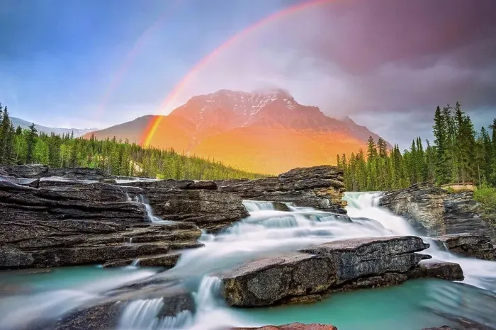Framed Print : Double rainbow shining over a rugged waterfall and the Rocky Mountains, Jasper National Park; Alberta, Canada Framed Print : Double rainbow shining over a rugged waterfall and the Rocky Mountains, Jasper National Park; Alberta, Canada
