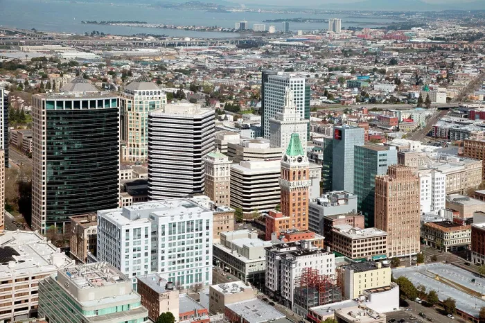 Framed Print : Downtown Oakland, California with the San Francisco Bay in the Background Framed Print : Downtown Oakland, California with the San Francisco Bay in the Background