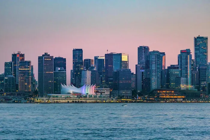 Framed Print : Downtown Vancouver including Harbour Center, the convention center and waterfront, British Columbia, Canada