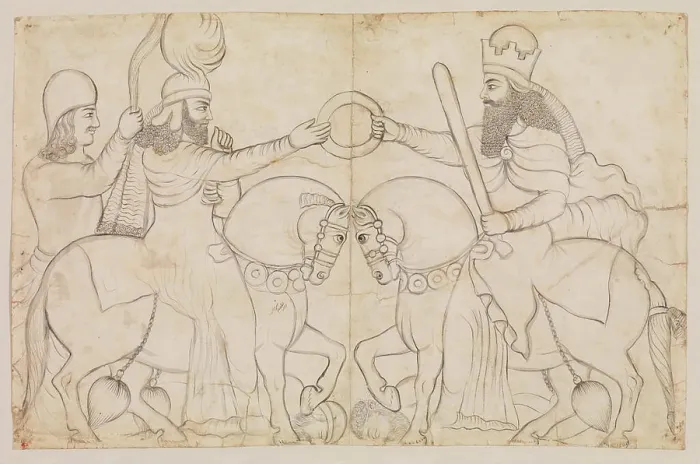 Framed Print : Drawing of Sasanian rock relief: Ardashir I (r) Framed Print : Drawing of Sasanian rock relief: Ardashir I (r)