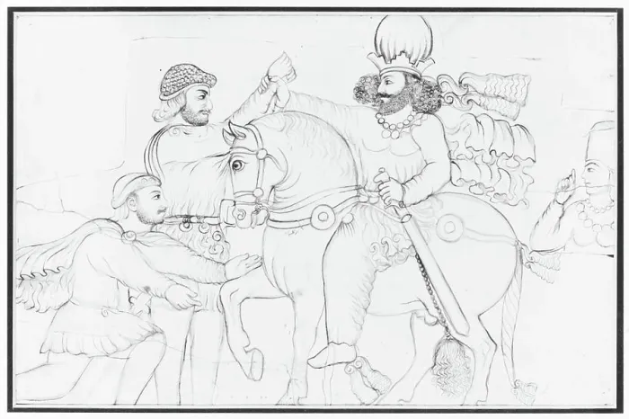Framed Print : Drawing of Sasanian rock relief: Shapur I (r) Framed Print : Drawing of Sasanian rock relief: Shapur I (r)