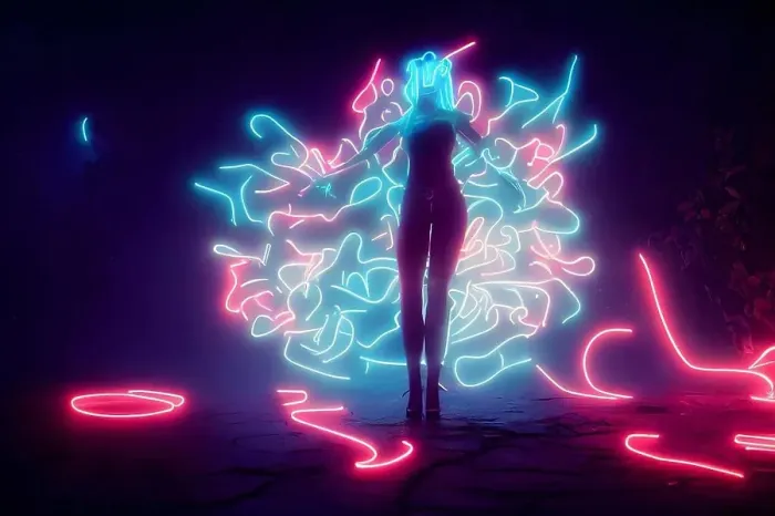 Framed Print : dreamy unrecognizable woman silhouette with colorful neon fumes ans conical witch hat, neural network generated art Framed Print : dreamy unrecognizable woman silhouette with colorful neon fumes ans conical witch hat, neural network generated art
