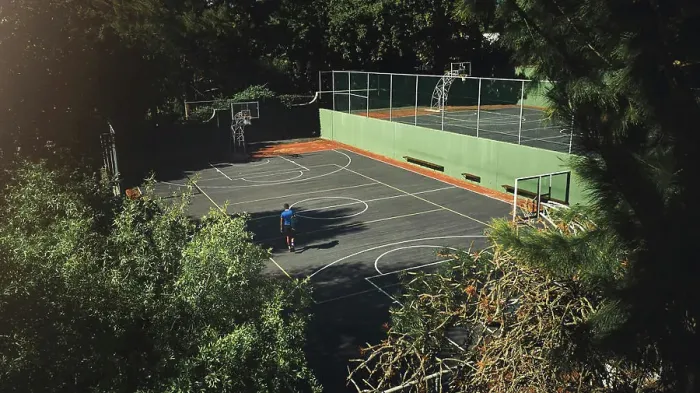 Framed Print : Drone, aerial view of basketball court and basketball player man preparing for training match Framed Print : Drone, aerial view of basketball court and basketball player man preparing for training match