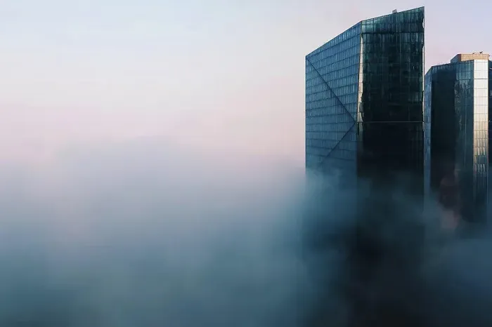 Framed Print : Dubai skyline with glass skyscrapers in fog Framed Print : Dubai skyline with glass skyscrapers in fog