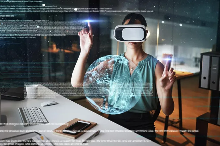 Framed Print : Earth overlay, global network or woman in virtual reality or vr for a 3d experience in office at night Framed Print : Earth overlay, global network or woman in virtual reality or vr for a 3d experience in office at night