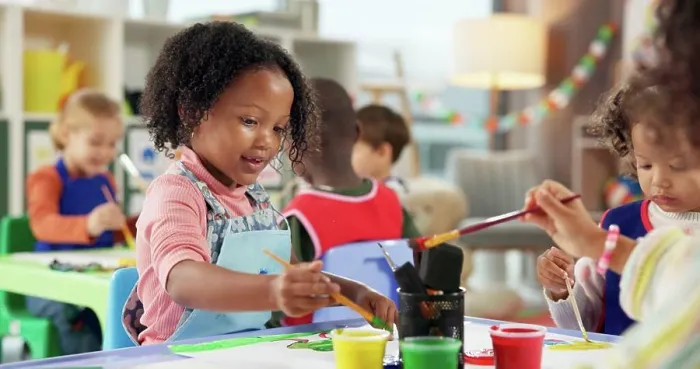 Framed Print : Education, kids and girls in painting class for art