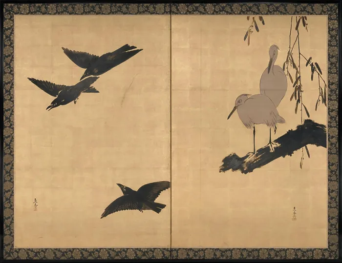 Framed Print : Egrets and Crows late 19th century Shibata Zeshin Japanese The two panels of this brilliant gold-leaf screen display Framed Print : Egrets and Crows late 19th century Shibata Zeshin Japanese The two panels of this brilliant gold-leaf screen display