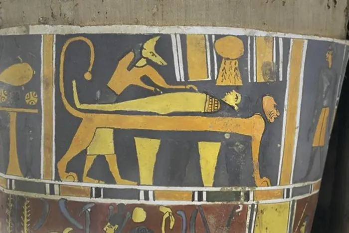 Framed Print : Egypt, Saqqara necropolis, Detail of cartonnage, embalmer and mummified person on lion-shaped table Framed Print : Egypt, Saqqara necropolis, Detail of cartonnage, embalmer and mummified person on lion-shaped table