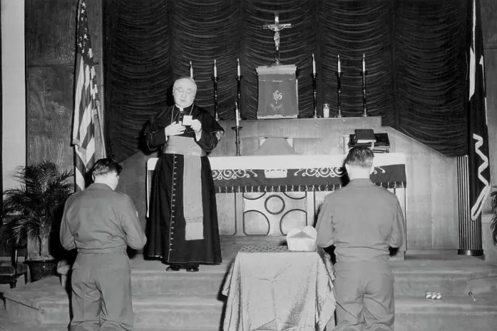 Framed Print : His Eminence Francis Cardinal Spellman offers a prayer following mass in the Finance Building Chapel