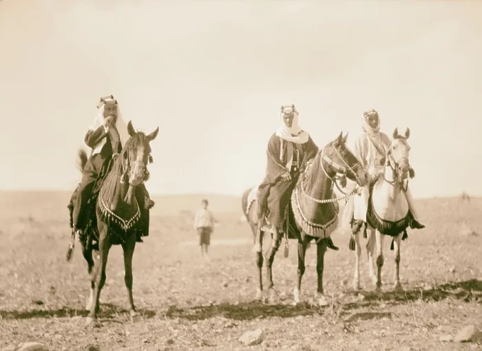 Framed Print : Emir Saud's visit to Emir Abdullah in Amman. Emir Abdullah on horse-back with mounted attendants. 1935, Jordan, Amman