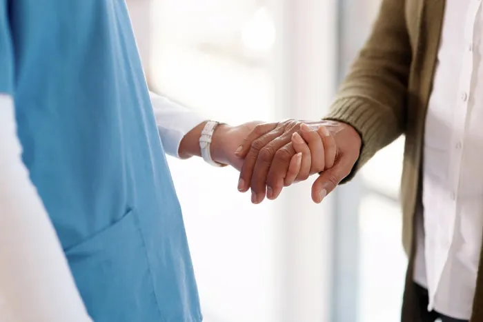 Framed Print : Empathy, holding hands and senior man with nurse in retirement home for support