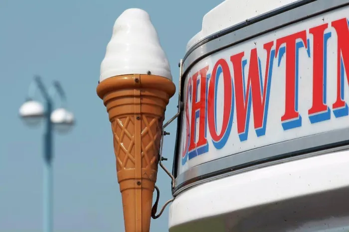 Framed Print : England, Lancashire, Morecambe. A large distinctive cone sign on the front of an ice cream van in Morecambe Framed Print : England, Lancashire, Morecambe. A large distinctive cone sign on the front of an ice cream van in Morecambe