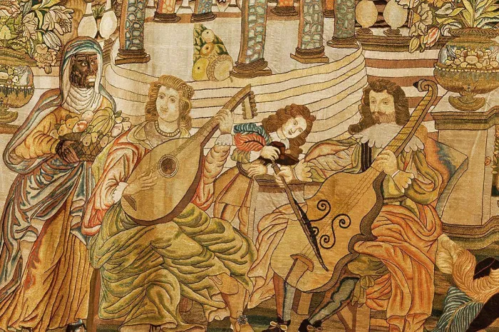 Framed Print : England, Oxfordshire, Oxford, Ashmolean Museum, Spanish Embroidery (1650) depicting Court Musicians Framed Print : England, Oxfordshire, Oxford, Ashmolean Museum, Spanish Embroidery (1650) depicting Court Musicians