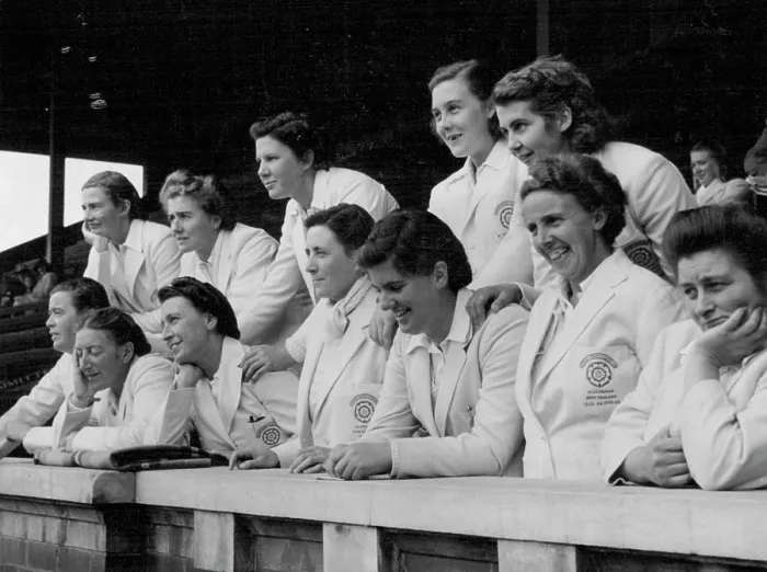 Framed Print : English Women Crickets watched anxiously from the grandstand at the South Melbourne Cricket Ground as rain fell early