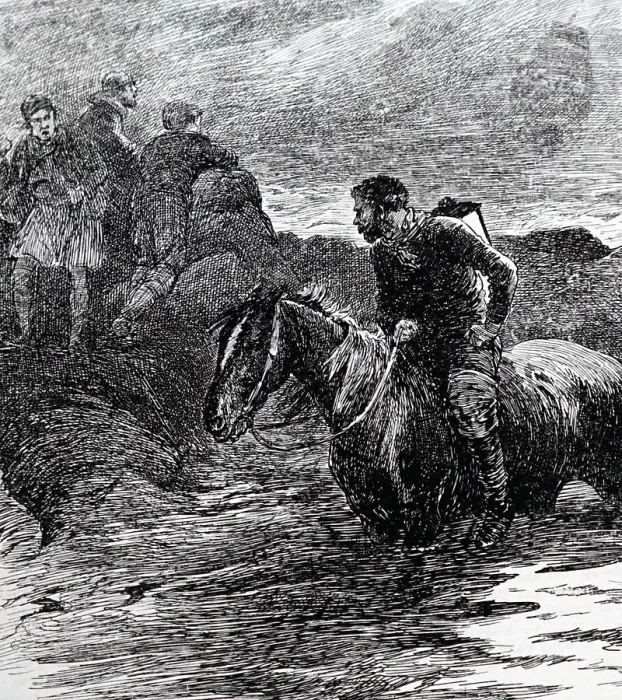 Framed Print : Engraving depicting wreckers luring a ship onto rocks by means of the lamp on the mounted man's back. Dated 19th Century Framed Print : Engraving depicting wreckers luring a ship onto rocks by means of the lamp on the mounted man's back. Dated 19th Century