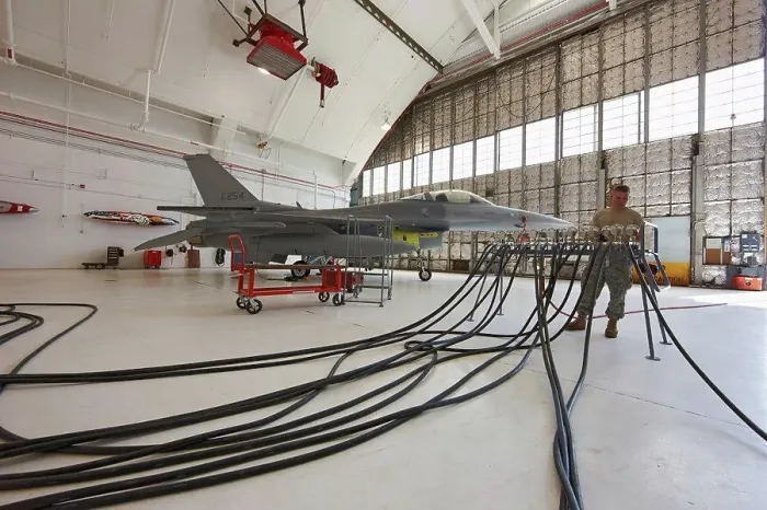 Framed Print : F-16 in Maintenance Hangar, Pressure Lines Framed Print : F-16 in Maintenance Hangar, Pressure Lines