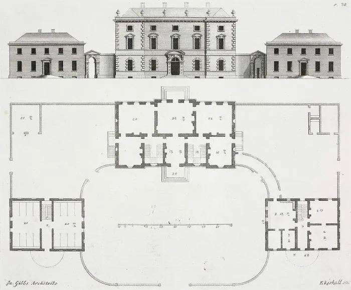 Framed Print : Facade and plan of Kelmarsh Hall