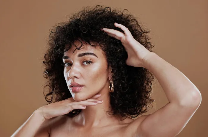 Framed Print : Face, skincare and hair with a model black woman in studio on a brown background for natural keratin treatment Framed Print : Face, skincare and hair with a model black woman in studio on a brown background for natural keratin treatment