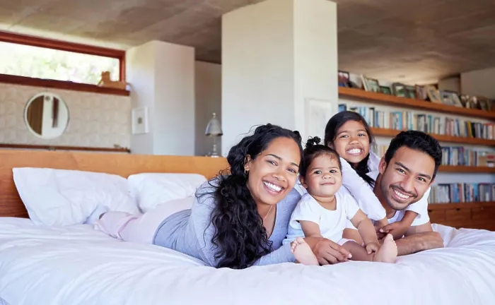 Framed Print : Family, children and happy portrait on mattress with love relationship Framed Print : Family, children and happy portrait on mattress with love relationship
