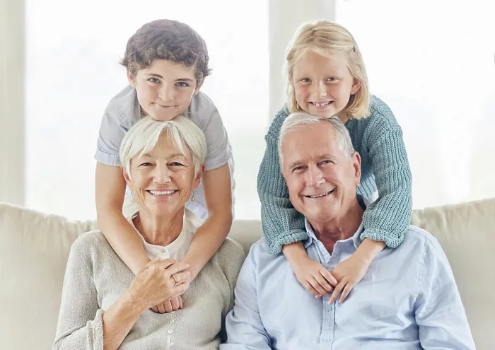 Framed Print : Family, grandparents and children in home portrait