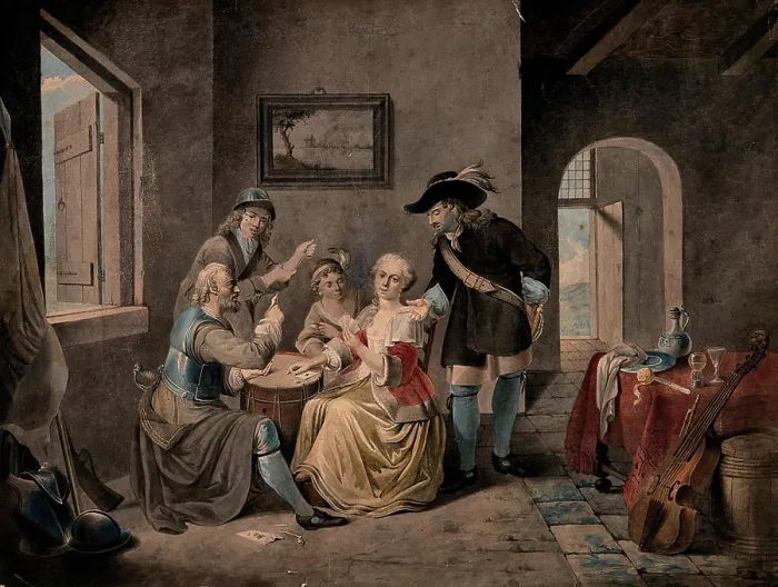 Framed Print : A family playing a game of cards on a drum; one man is wearing part of a suit of armour