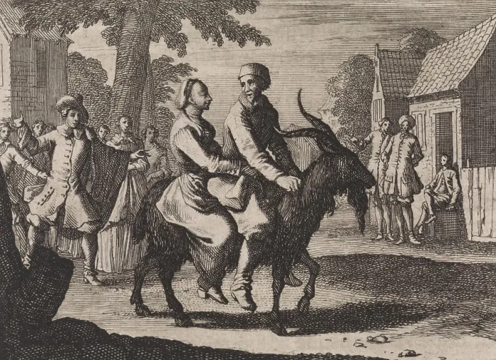 Framed Print : Farmer and woman together on the back of a billygoat transported Dem Eins seynd zweylieb Framed Print : Farmer and woman together on the back of a billygoat transported Dem Eins seynd zweylieb
