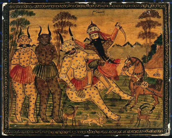 Framed Print : Fateh Ali Shāh, in the guise of Rustam, fighting the white Div. Gouache painting by a Persian artist, Qajar period Framed Print : Fateh Ali Shāh, in the guise of Rustam, fighting the white Div. Gouache painting by a Persian artist, Qajar period