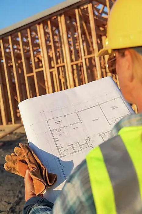 Framed Print : Female construction worker with house plans at construction site