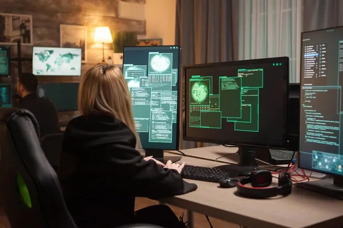 Framed Print : Female hacker using keyboard to type a dangerous malware