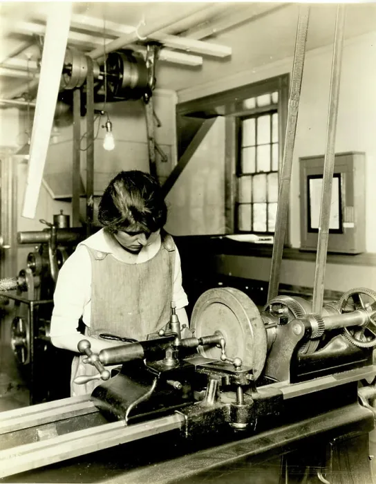 Framed Print : Female student using woodshop tool, Woodworking, Students, Massachusetts Normal Art School Framed Print : Female student using woodshop tool, Woodworking, Students, Massachusetts Normal Art School