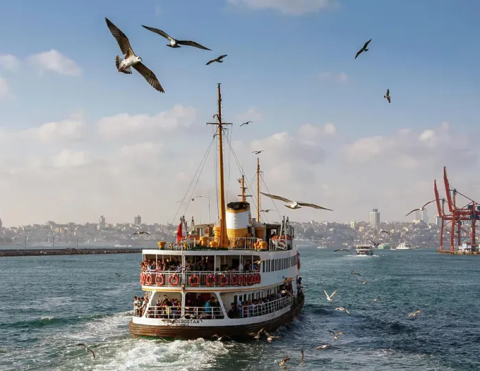 Framed Print : Ferry boat on the Bosporus with the city of Istanbul in the background; Istanbul, Istanbul Province, Turkey Framed Print : Ferry boat on the Bosporus with the city of Istanbul in the background; Istanbul, Istanbul Province, Turkey
