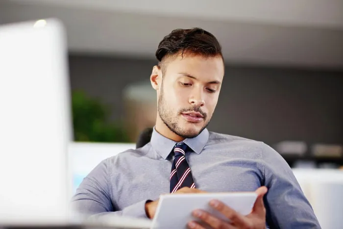 Framed Print : Finance, review and tablet with business man in office for account management or administration Framed Print : Finance, review and tablet with business man in office for account management or administration