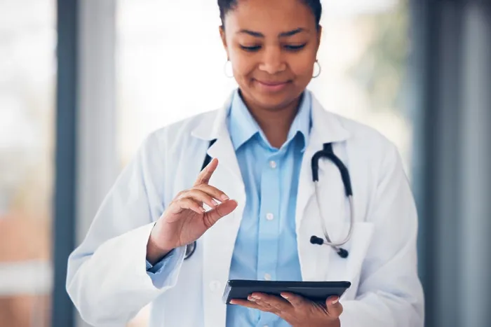Framed Print : Finger, doctor and woman with tablet in hospital for user interface Framed Print : Finger, doctor and woman with tablet in hospital for user interface