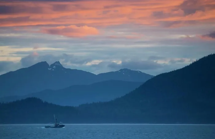 Framed Print : Fishing boat at sunset in Stephens Passage, Alaska, USA; Inside Passage, Alaska, United States of America Framed Print : Fishing boat at sunset in Stephens Passage, Alaska, USA; Inside Passage, Alaska, United States of America