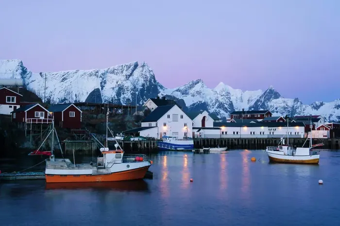 Framed Print : The fishing village of Reine at dusk, Lofoten, Norway Framed Print : The fishing village of Reine at dusk, Lofoten, Norway