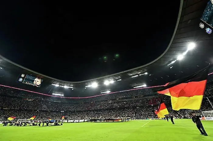 Framed Print : Flag winger with German flag in the stadium, Allianz Arena, Munich, Bavaria, Germany, Europe