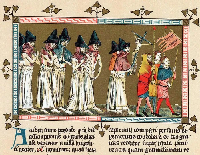 Framed Print : Flagellants or Brothers of the Cross in Netherlands town of Doornik 1349 scourging themselves as they walk through