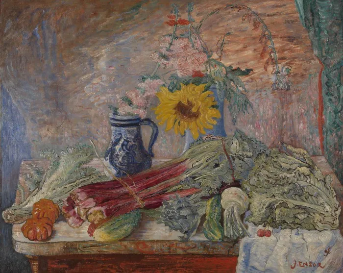 Framed Print : Flowers and vegetables, James Ensor, 1896, painting, 1896, Belgian Art