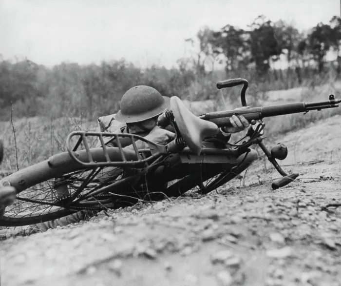 Framed Print : 'Flying Troops Trains' For A Speedier War - Cyclists swing quickly into action. July 02, 1942 Framed Print : 'Flying Troops Trains' For A Speedier War - Cyclists swing quickly into action. July 02, 1942